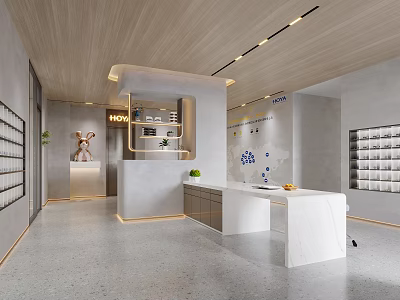 Modern Specialty Store Interior With Wooden Ceiling Marble Counter Product Display Shelves And Green Plants 3d model