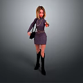 Woman In Purple Knitted Dress With Black Handbag And Fishnet Stockings Standing On Gray Background