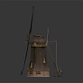 Traditional Windmill Model with Wooden Structure Four Green Blades and Small Windows Detailed Design