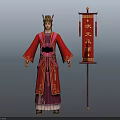 Ancient Imperial Character And Dragon Motif In Red Robe With Imperial Crown And Flag