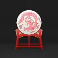 Traditional Chinese Drum with Painted Red Dragon Design on Wooden Red Stand