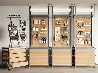 Modern Open Shelves With Wooden Drawers And Metal Frames For Display Items 3d model