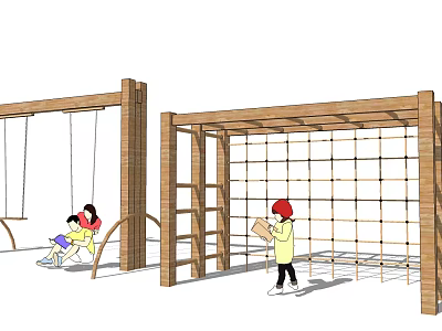 Wooden Playground Equipment with Swings Climbing Net and Children Playing 3d model