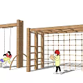 Wooden Playground Equipment with Swings Climbing Net and Children Playing