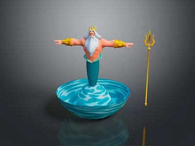 Mythical Poseidon With Golden Crown White Beard Blue Mermaid Tail Trident And Water Whirlpool 3d model