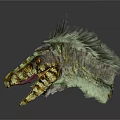 Detailed Feathered Dinosaur Head With Green Yellow Plumage And Red Eyes