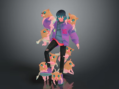 Game Anime Character in Purple Jacket with Red Letter Surrounded by Yellow Big Eyed Creatures 3d model