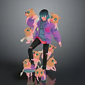 Game Anime Character in Purple Jacket with Red Letter Surrounded by Yellow Big Eyed Creatures
