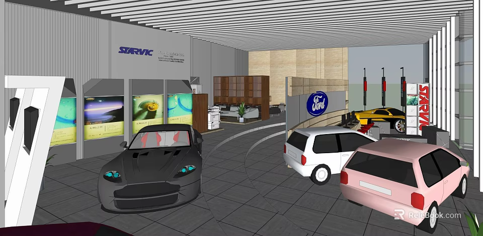 Modern Car Showroom With Various Colored Cars And Curved Display Areas 3d model 