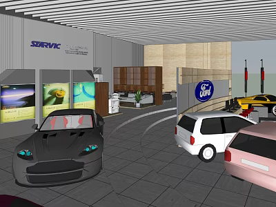 Modern Car Showroom With Various Colored Cars And Curved Display Areas 3d model