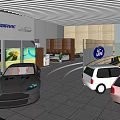 Modern Car Showroom With Various Colored Cars And Curved Display Areas