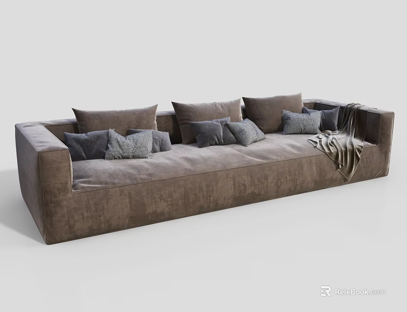 Warm Brown Large Sofa With Multiple Plush Cushions And Soft Throw Blanket On Armrest 3d model