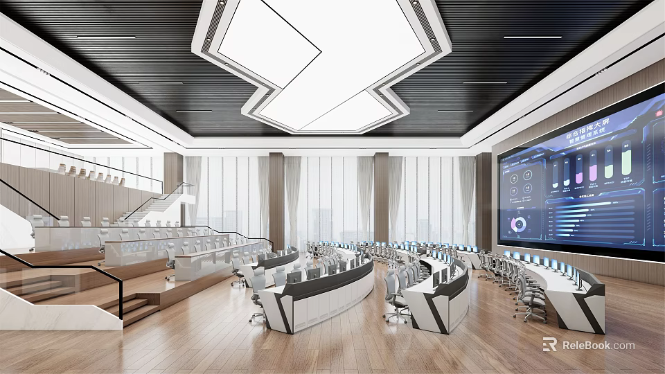 Modern Monitoring Room Interior With Large Screen Displays Control Consoles And Office Chairs 3d model 