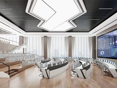 Modern Monitoring Room Interior With Large Screen Displays Control Consoles And Office Chairs 3d model