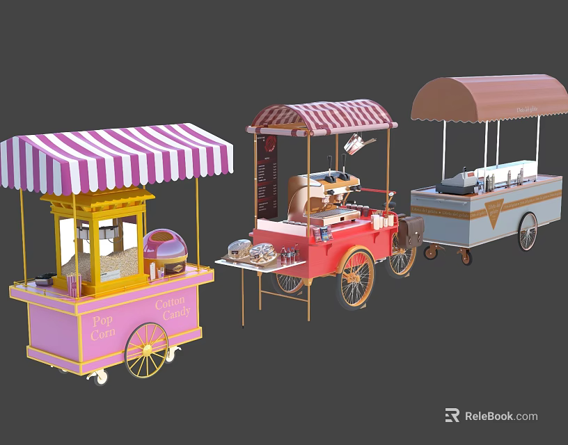 Colorful Mobile Food Carts With Striped Canopies And Vending Windows 3d model 