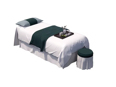 Comfortable Massage Bed With White Sheets Dark Green Blanket Pillow Tray And Stool 3d model
