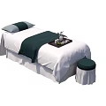 Comfortable Massage Bed With White Sheets Dark Green Blanket Pillow Tray And Stool 3d model