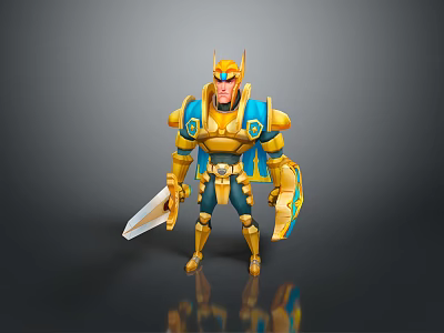 Armored Warrior Man With Gold Blue Armor Helmet And Sword 3D Character 3d model