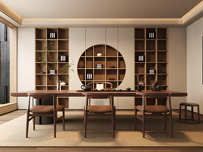 Traditional Tea Room Interior With Long Table Chairs And Circular Bookcases 3d model