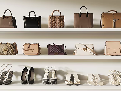 Stylish Fashion Handbags on Shelf Display with Various Designs and Colors 3d model