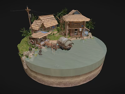 Cartoon Rural Scene With Thatched Roof Huts Wooden Cart And Green Trees 3d model