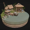 Cartoon Rural Scene With Thatched Roof Huts Wooden Cart And Green Trees