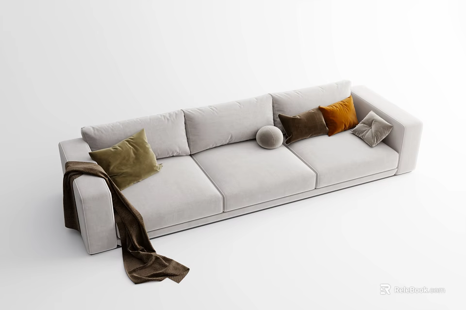 Three-Seater Light Gray Sofa With Green Brown Orange Gray Pillows And Brown Blanket 3d model 
