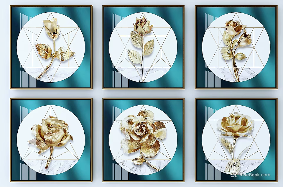 Golden Rose Decorative Paintings With Teal Frames And Geometric Patterns 3d model