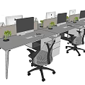Modern Office Desk with Multiple Workstations Computer Monitors Ergonomic Chairs and Small Potted Plants 3d model