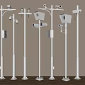 Various Surveillance Cameras and Equipment on Different Poles 3d model