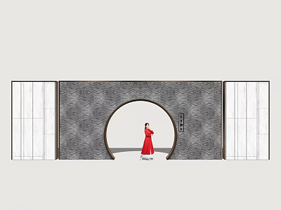 Traditional Scenic Wall With Circular Archway Person In Red And White Lattice Windows 3d model