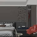 Modern Bedroom Interior Design With Large Bed Black White Zebra Pattern Rug And Red Chair