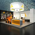 Modern Exhibition Booth With Yellow Triangle Logo Round Ceiling Light Display Shelves And Product Displays