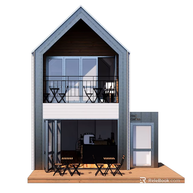 Two Story Building Featuring Balcony Seating Large Windows and Interior Tables 3d model 