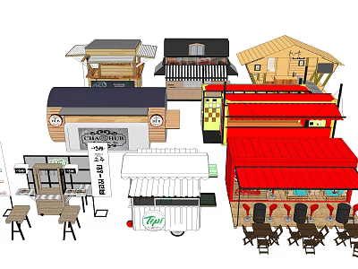 Various Small Commercial Structures Including Food Carts Wooden Stalls And Outdoor Seating 3d model
