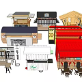 Various Small Commercial Structures Including Food Carts Wooden Stalls And Outdoor Seating