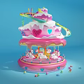 Cake Shaped Multi Layered Kids Playground Equipment With Unicorn Carousel Pink White Cream And Hearts