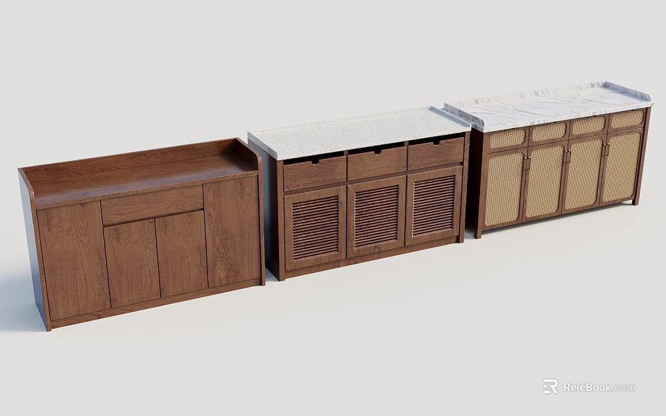 Elegant Modern Wooden Sideboard With Marble Top And Storage Cabinets Drawers Doors 3d model 