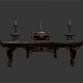 Traditional Long Wooden Carved Table with Candle Holders and Incense Burner Classic Design