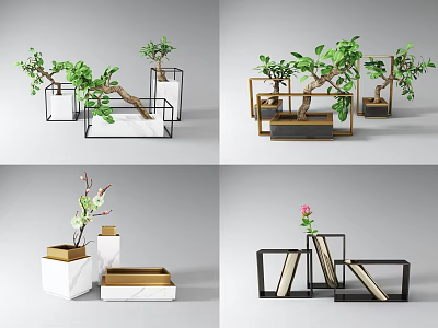 Various Bonsai Potted Plants With Green Leaves In Geometric Metal And Wooden Planters 3d model