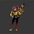 Game Character With Red Hair Yellow Jacket Holding Orange Weapon And Colorful Sneakers