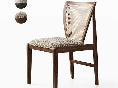 Modern Solid Wood Dining Chair With Woven Rattan Backrest And Patterned Fabric Upholstered Seat 3d model