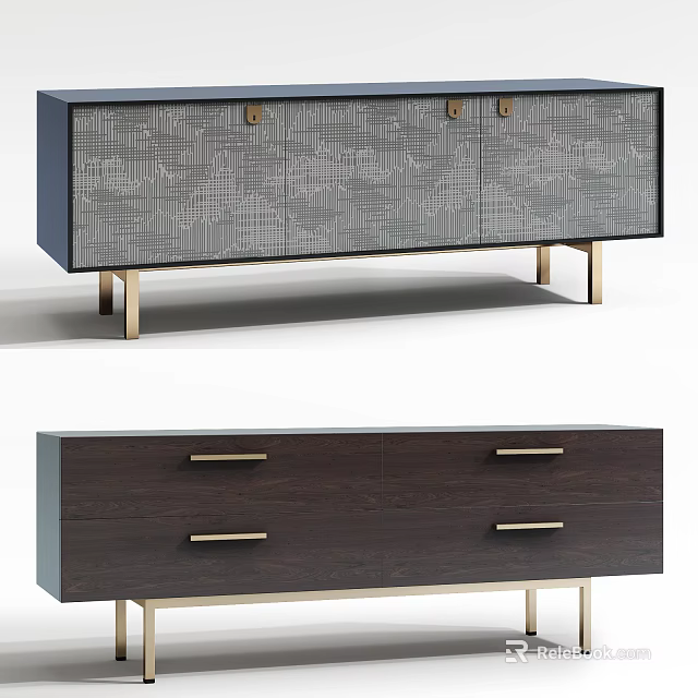 Modern TV Stand with Patterned Doors Drawers and Golden Handles Legs in Neutral Tones 3d model 