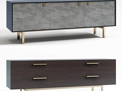 Modern TV Stand with Patterned Doors Drawers and Golden Handles Legs in Neutral Tones 3d model