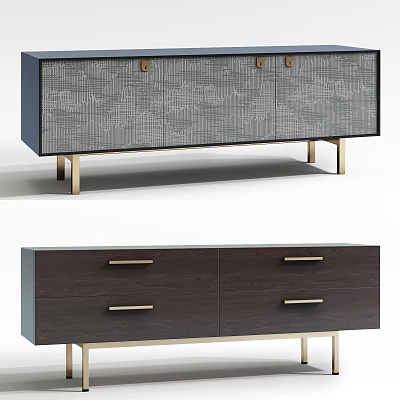 Modern TV Stand with Patterned Doors Drawers and Golden Handles Legs in Neutral Tones 3d model