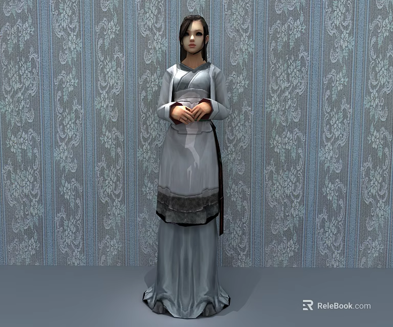 Game Movie Female Character In Traditional Robe With Sash And Floral Patterned Background 3d model 
