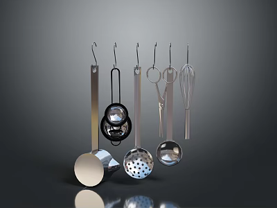 Stainless Steel Kitchen Utensils Hanging Set With Spoon Slotted Spoon Whisk And Strainer 3d model