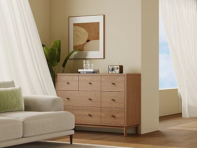 Light Wood Console Table with Drawers in Living Room Green Plant Painting and Window Curtains 3d model