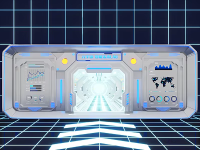 Futuristic High Tech Control Panel With Illuminated Dashboard Charts And World Map 3d model