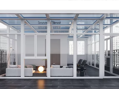 Modern Villa Balcony With Glass Roof Glass Walls White Sofas And Black Chairs 3d model